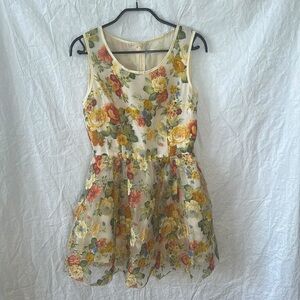 Autumn dress! Sleeveless, golden yellow/orange, sage green and deep pinkish reds
